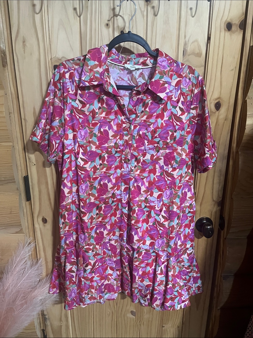 entro Pink Multi Floral Shirt-Collar Ruffle-Hem Mini Dress - Picture 3 of 5
